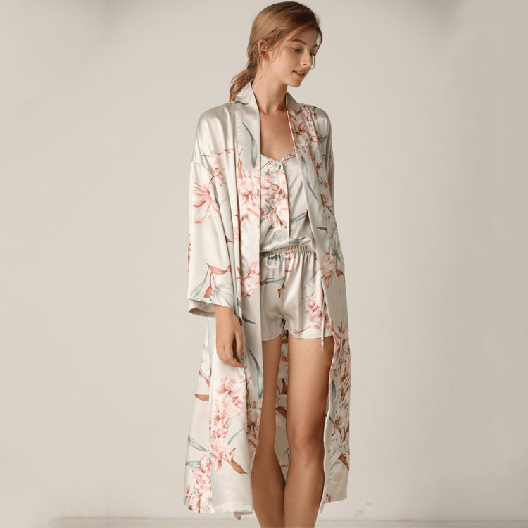 Women's Summer Pajamas 3 Piece Set Satin Printed Button Camisole Shorts Robe Sleepwear Loungewear