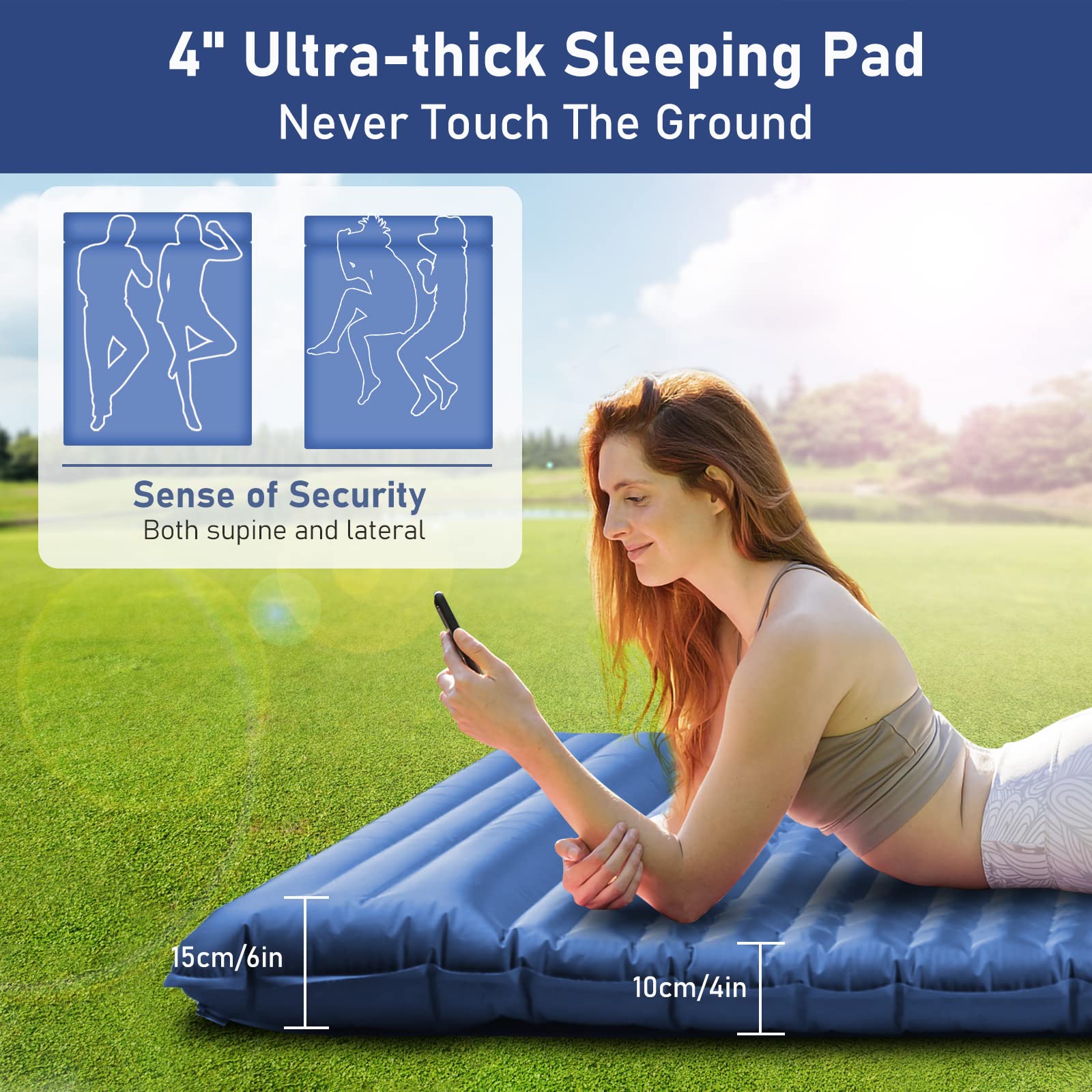 4" Ultra-Thick Self Inflating Double Sleeping Pad for Camping with Pillow Built-in Foot Pump Camping Sleeping Mat