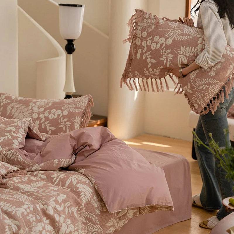 Tassel Air Layer Cotton Bedding Set with Color Woven Jacquard,D007