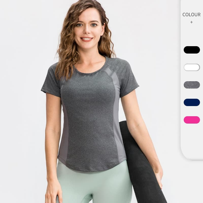 Women Workout T-Shirt Mesh Splicing Quick Dry Stretch Slim O-Neck Short Sleeves Yoga Tops at tic Shirts,T005