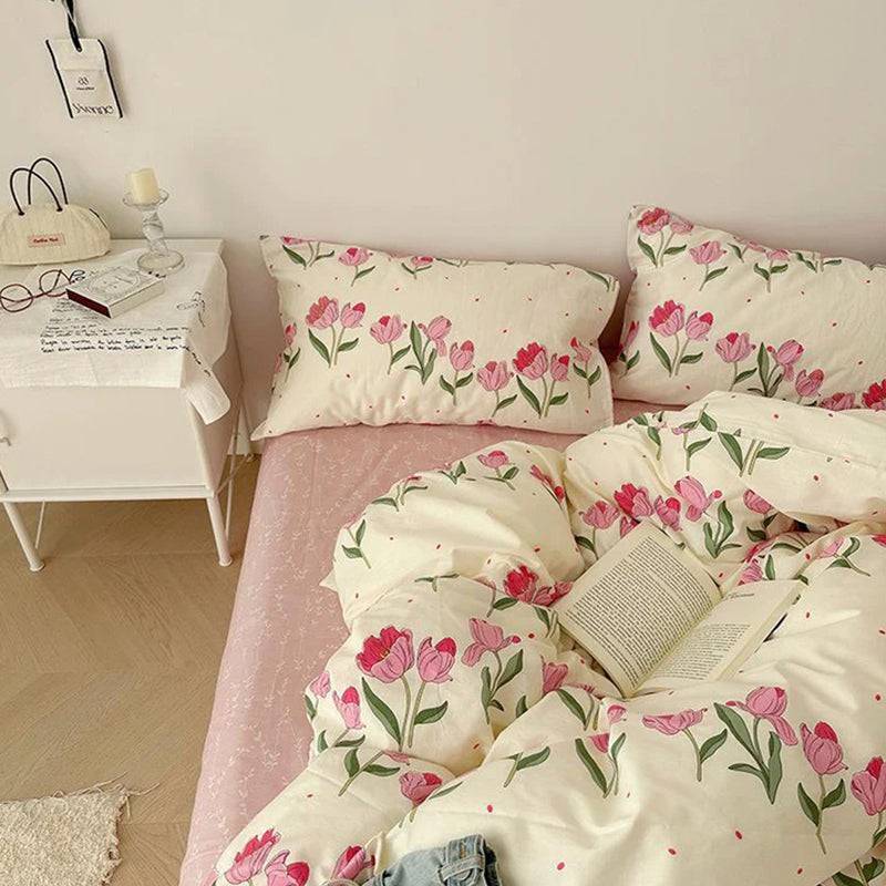 4-Pieces Bedding Reversible Floral Print Comforter Set，D003
