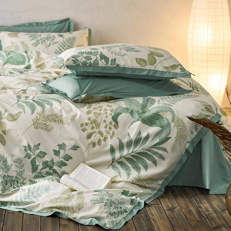 4-pieces bedding set Reversible Satin Texture Greenery Comforter Set,D017