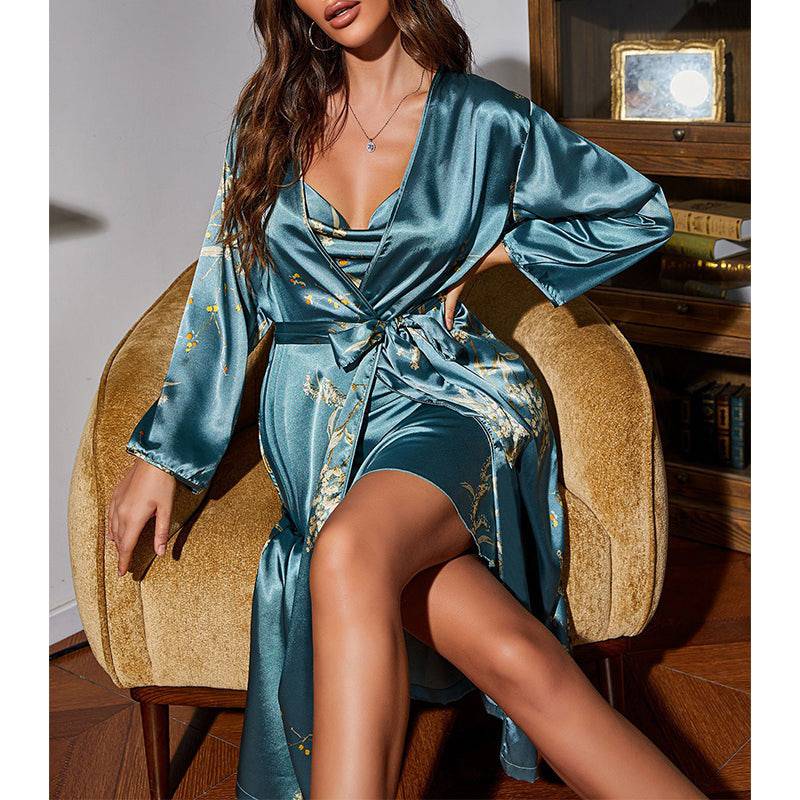 Belted Sleepwear Set, Mid-Length Home Dressing Gown and Nightdress 2 Pieces