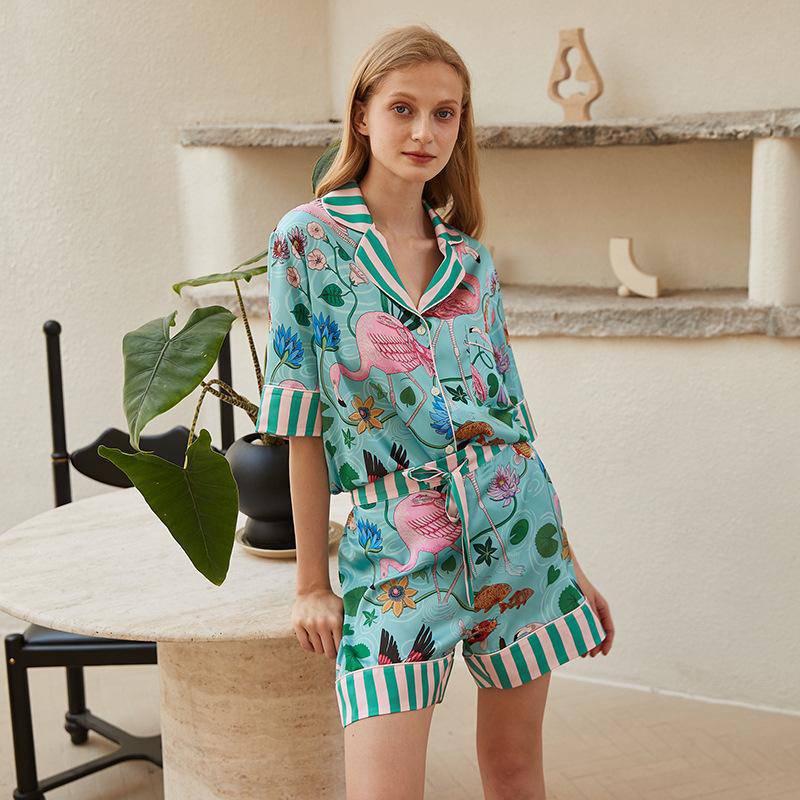 Ice Silk Short Sleeve Flamingo Print Sleepwear Pajamas