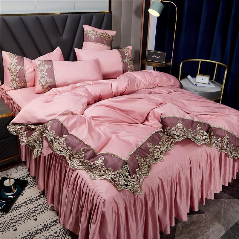 Luxurious Silk Bedding Set with Delicate Lace and Embroidery Details
