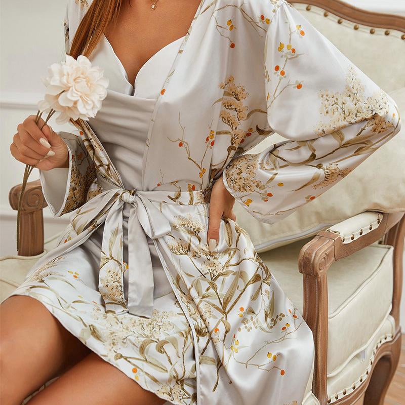 Belted Sleepwear Set, Mid-Length Home Dressing Gown and Nightdress 2 Pieces - elegear-shop