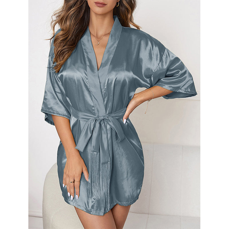 Ice Silk Mid-Sleeve Cardigan with Belted Fringed Loungewear - elegear-shop